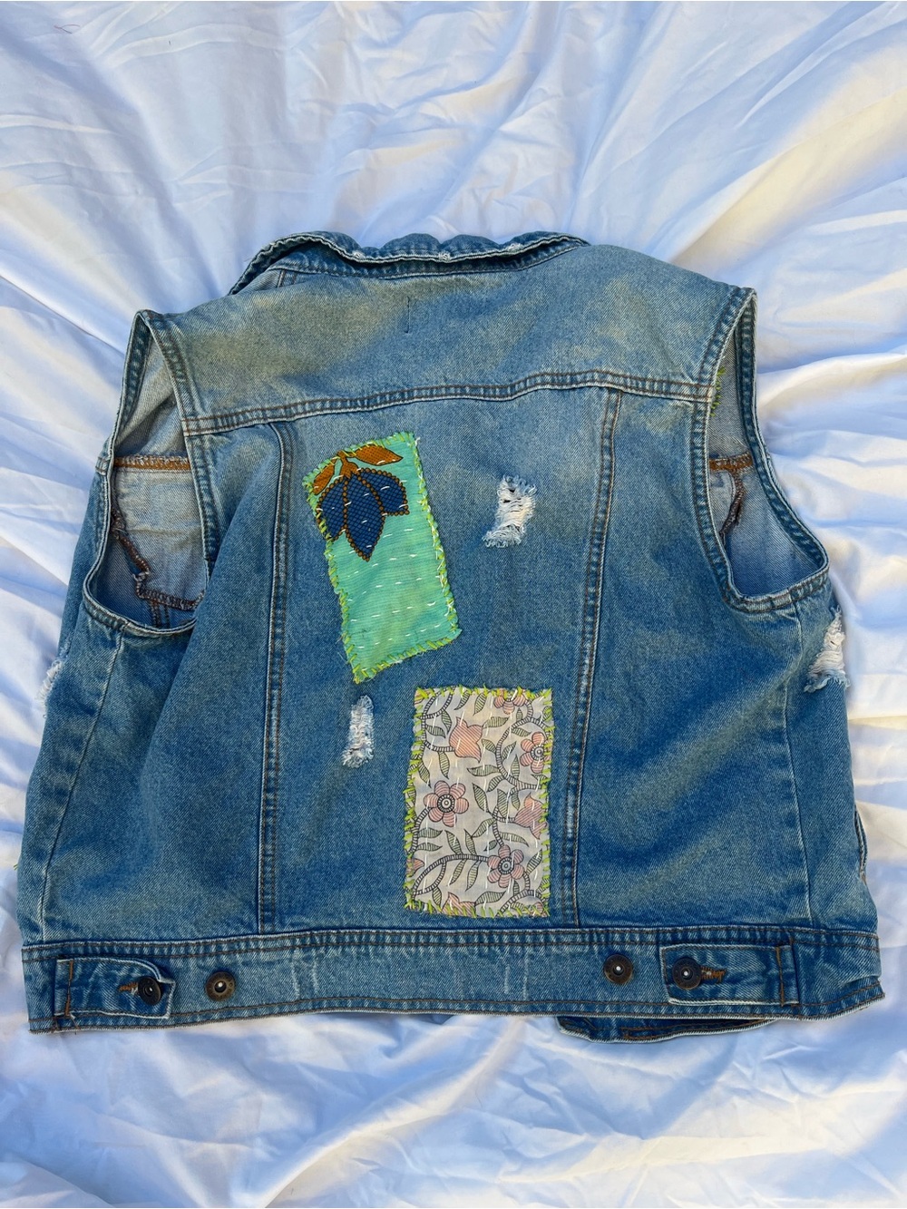 Blue Age OOAK Reworked Denim Vest Heart Patch Distressed Festival Boho